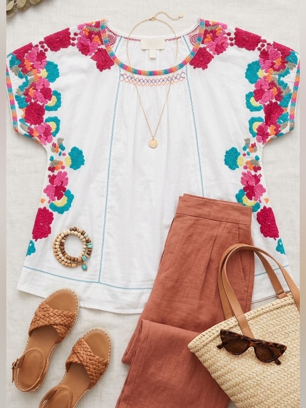Anthropologie NWT Embroidered Tunic Top with Colorful Neck Trim
